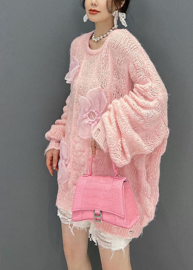 Pink Oversized Hollow Out Applique Knit Sweater Tops Winter