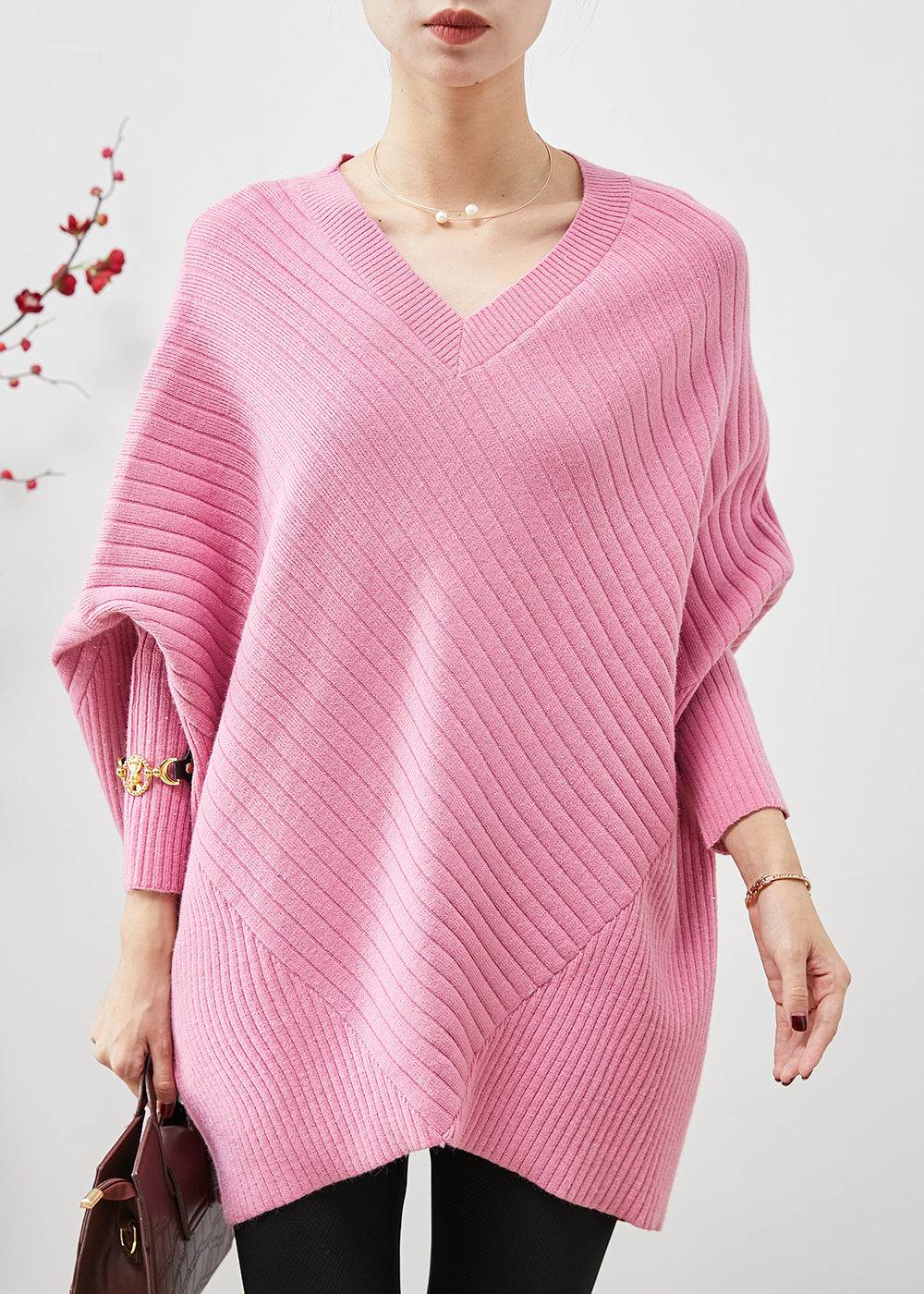 Pink Oversized Patchwork Knit Top Batwing Sleeve