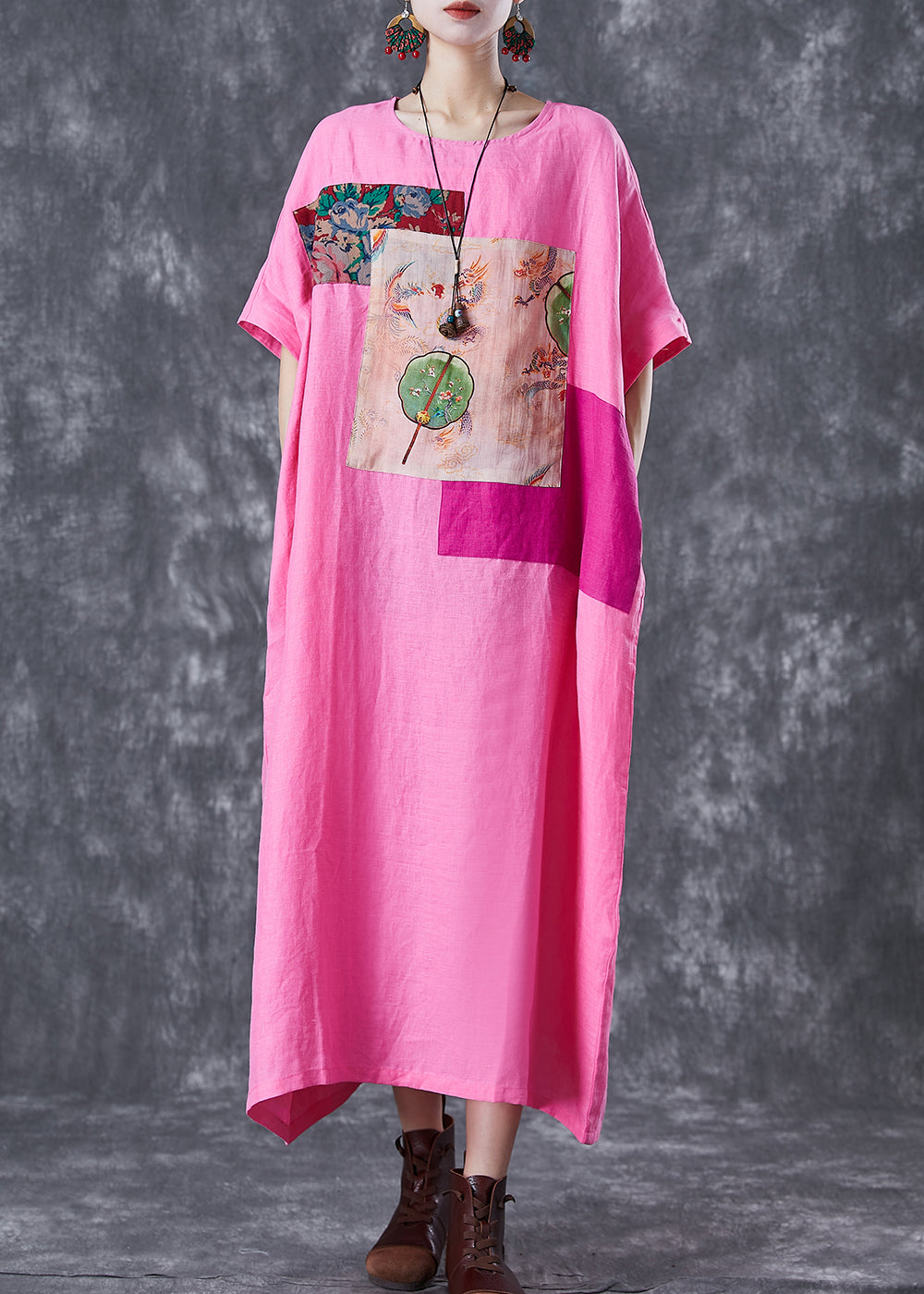 Pink Oversized Patchwork Linen Ankle Dress Batwing Sleeve