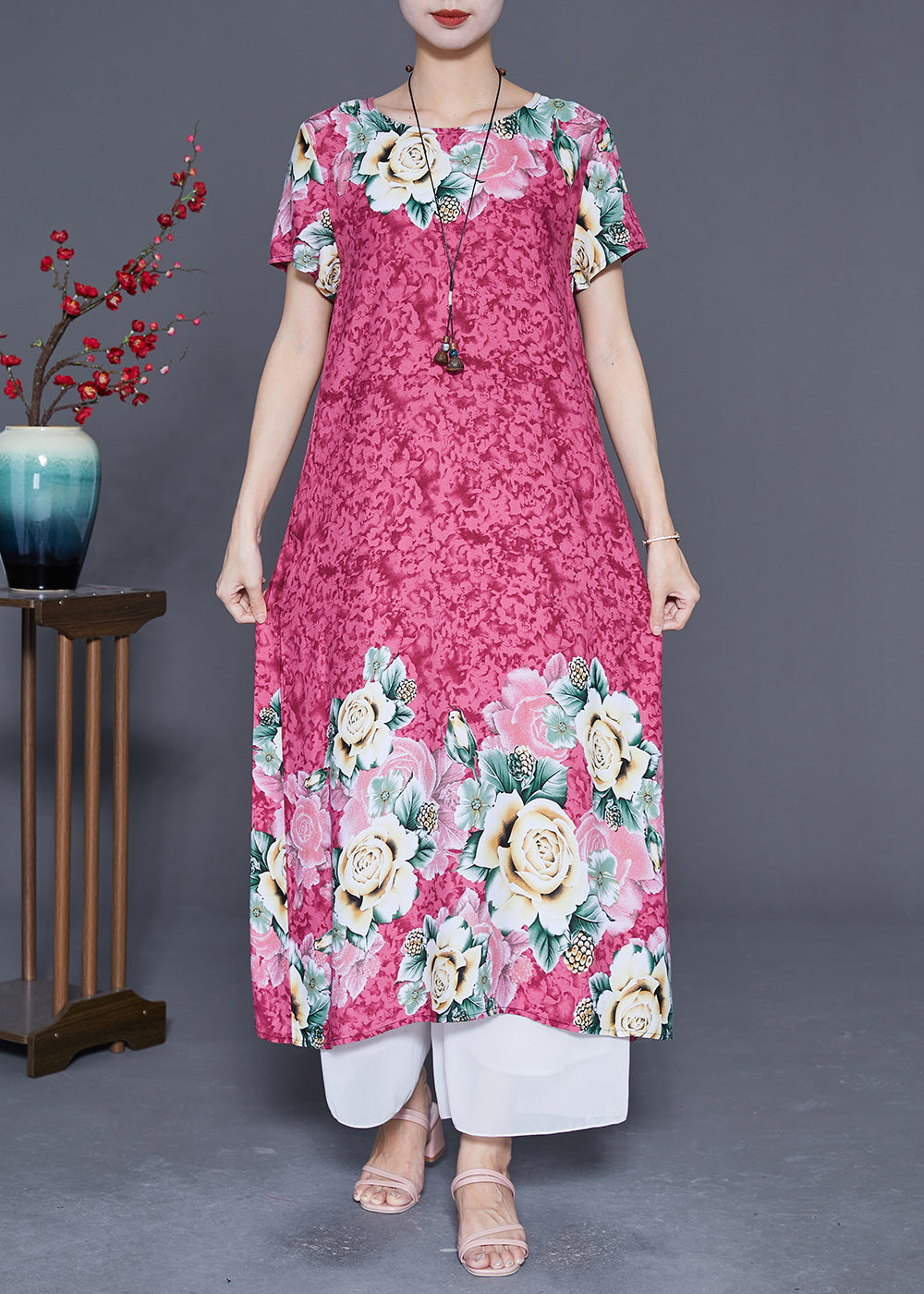 Pink Oversized Print Cotton Holiday Dresses Summer