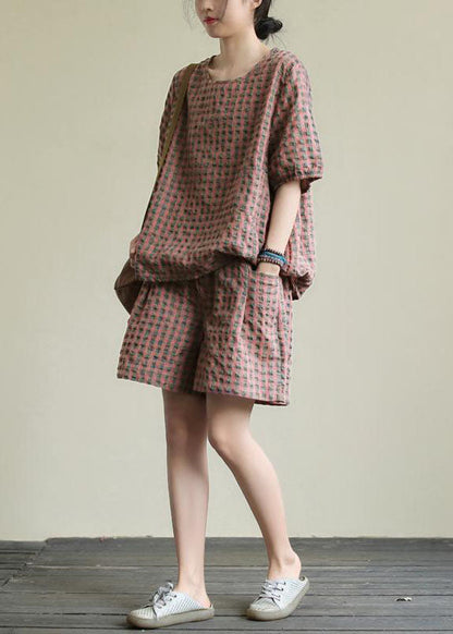 Pink Plaid Patchwork Tops and Shorts Cotton Two Piece Suit Summer