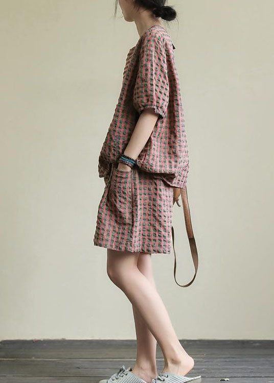 Pink Plaid Patchwork Tops and Shorts Cotton Two Piece Suit Summer