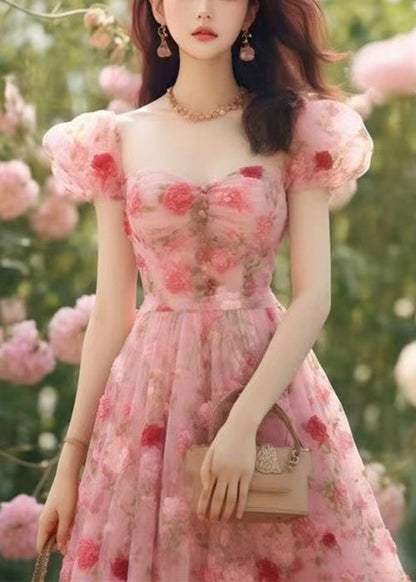 Pink Print High Waist Chiffon Long Dress Summer