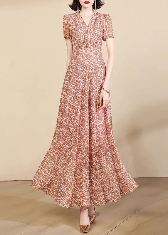 Pink Print High Waist Chiffon Maxi Dresses Summer