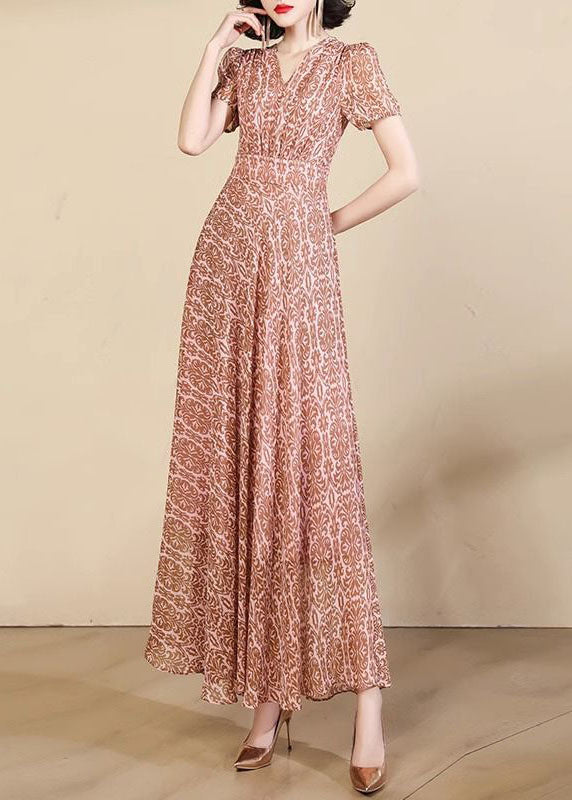 Pink Print High Waist Chiffon Maxi Dresses Summer