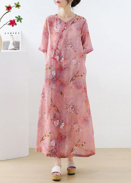 Pink Print Oriental Asymmetrical Design Summer Ramie Long Dresses