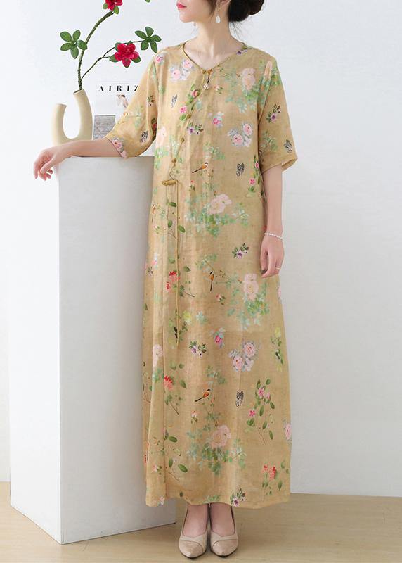 Pink Print Oriental Asymmetrical Design Summer Ramie Long Dresses