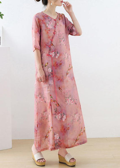 Pink Print Oriental Asymmetrical Design Summer Ramie Long Dresses