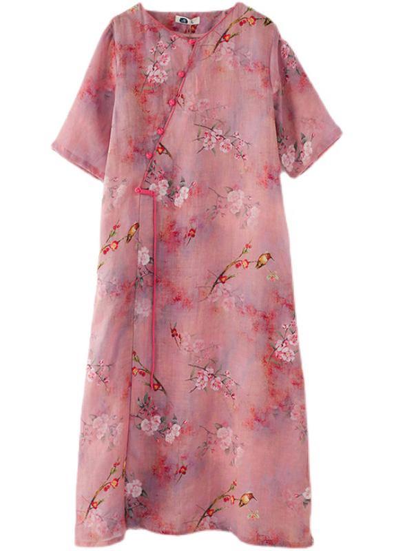 Pink Print Oriental Asymmetrical Design Summer Ramie Long Dresses