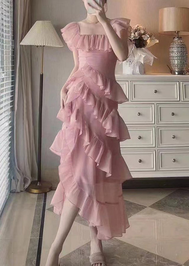Pink Ruffled Asymmetrical Design Patchwork Chiffon Dresses Summer