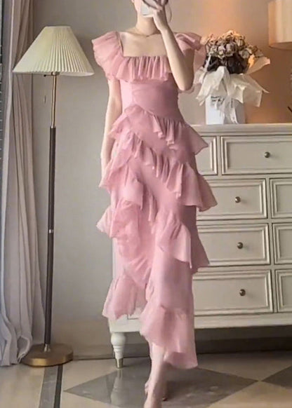 Pink Ruffled Asymmetrical Design Patchwork Chiffon Dresses Summer