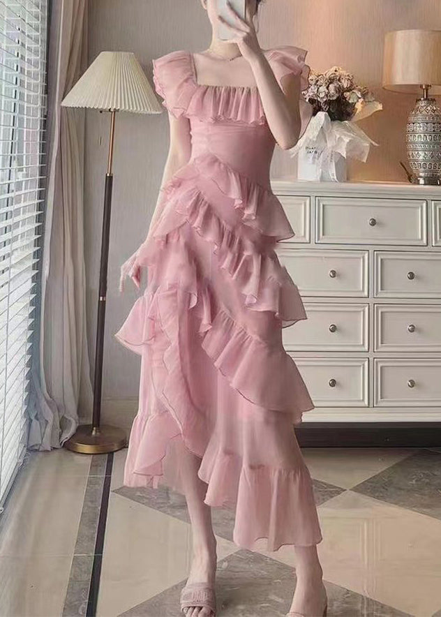 Pink Ruffled Asymmetrical Design Patchwork Chiffon Dresses Summer