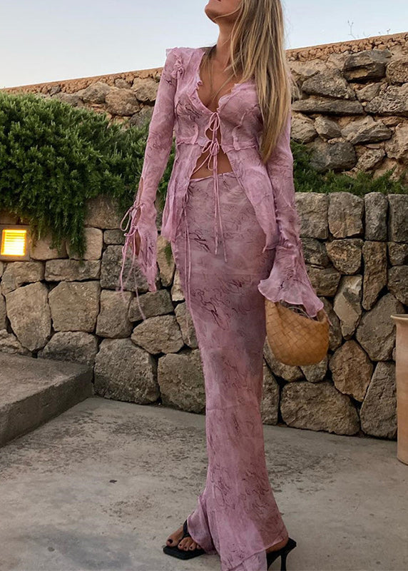 Pink Ruffled Lace Up Chiffon Two Pieces Set Flare Sleeve