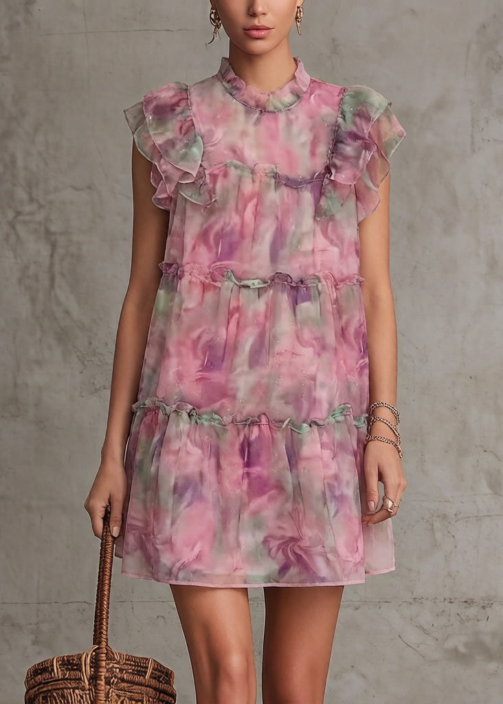 Pink Ruffled Print Chiffon Mid Dress Summer