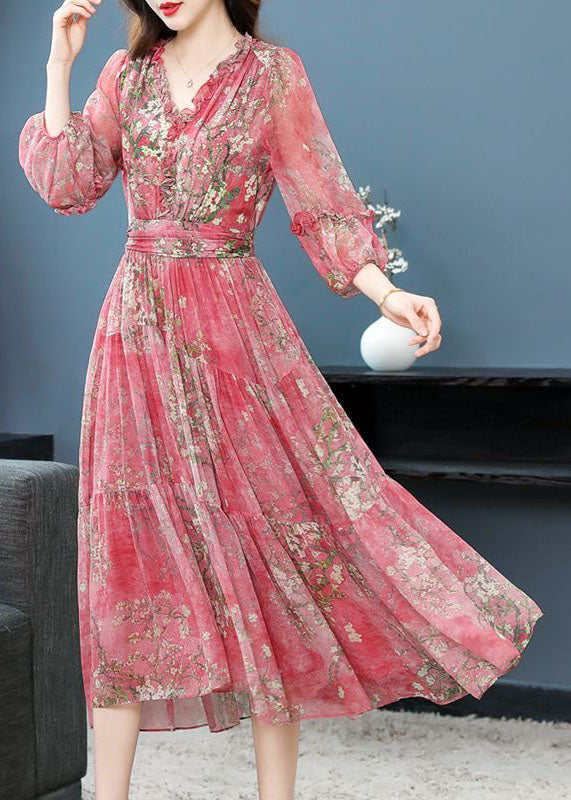 Pink Ruffled Wrinkled Print Patchwork Silk Dress Summer