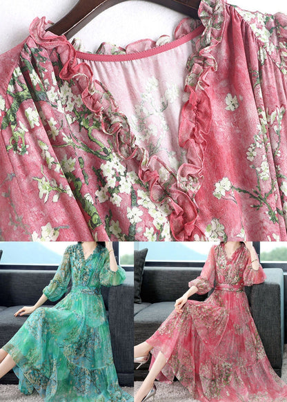 Pink Ruffled Wrinkled Print Patchwork Silk Dress Summer