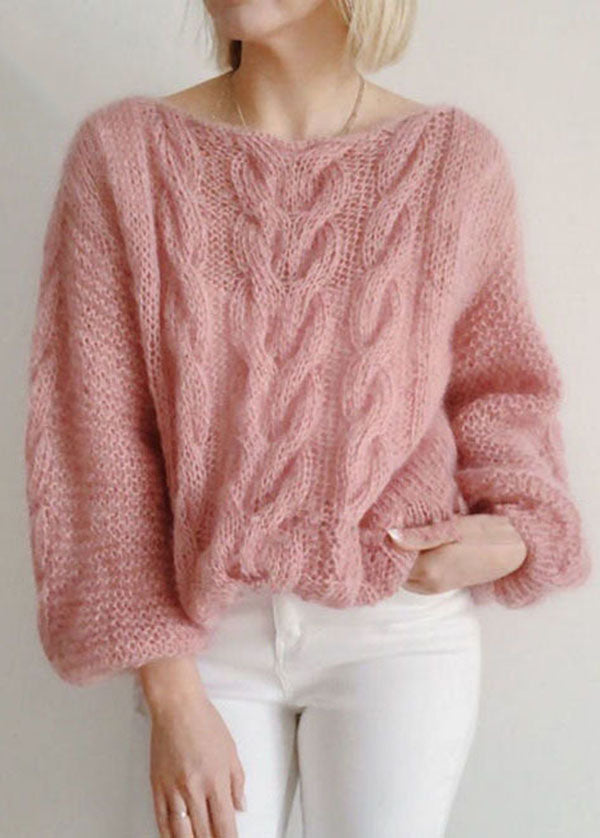 Pink Slash Neck Hollow Out Knit Sweaters Winter