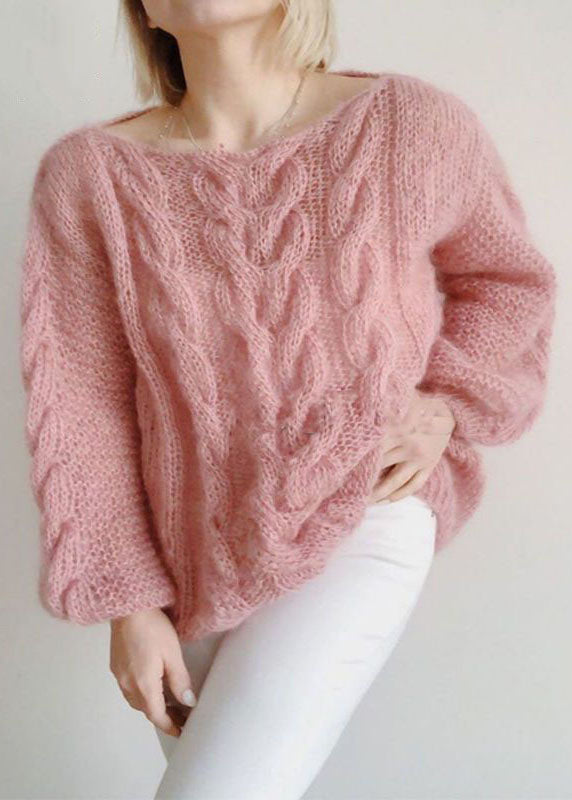Pink Slash Neck Hollow Out Knit Sweaters Winter