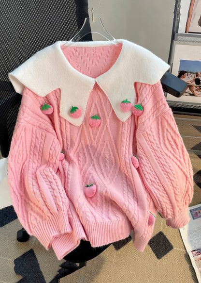 Pink Strawberry Patchwork Cozy Knit Tops Winter