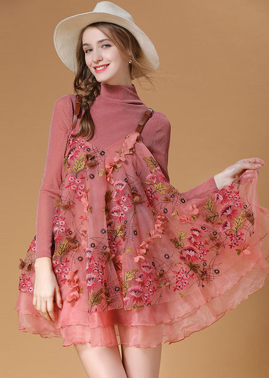Pink Turtle Neck Embroideried Organza Two Pieces Set Spring