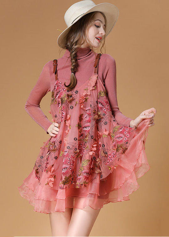 Pink Turtle Neck Embroideried Organza Two Pieces Set Spring