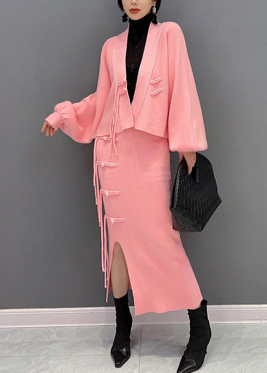 Pink V Neck Button Woolen Top and Maxi Skirts Two Pieces Set Winter