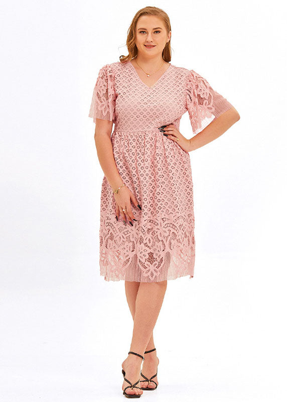Pink V Neck Hollow Out Patchwork Lace Mid Dress Short Sleeve