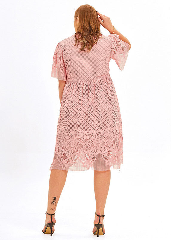 Pink V Neck Hollow Out Patchwork Lace Mid Dress Short Sleeve