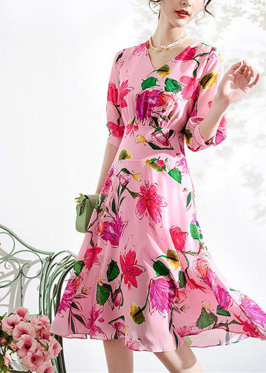 Pink V Neck Print Tunic Chiffon Long Dresses Summer