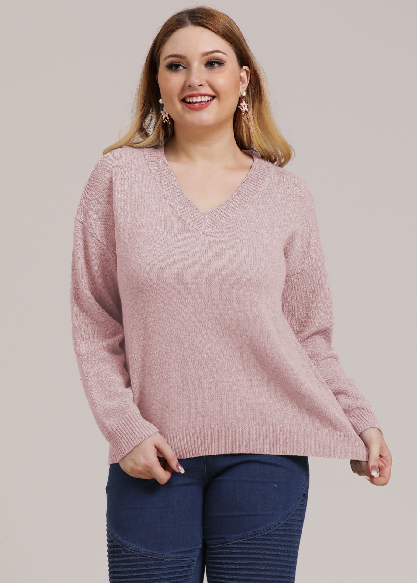 Pink V Neck Thick Knit Sweater Long Sleeve