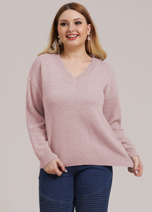 Pink V Neck Thick Knit Sweater Long Sleeve