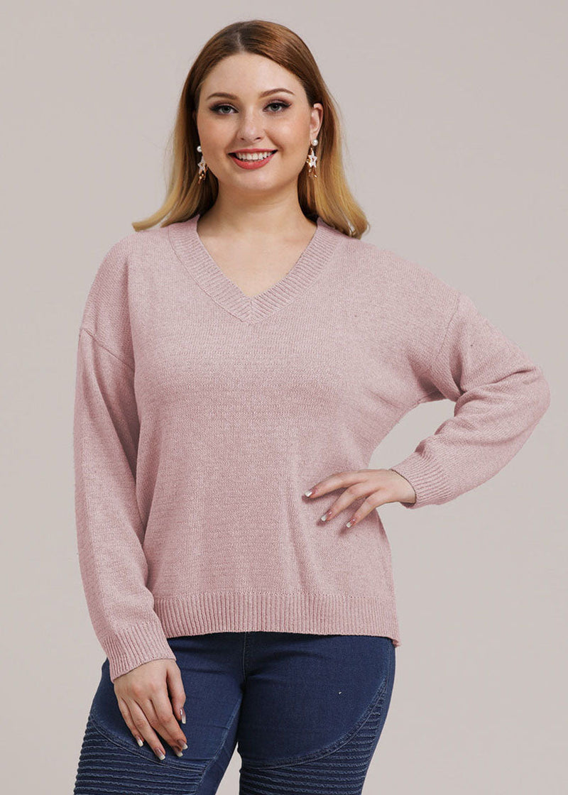Pink V Neck Thick Knit Sweater Long Sleeve