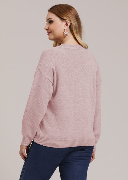 Pink V Neck Thick Knit Sweater Long Sleeve