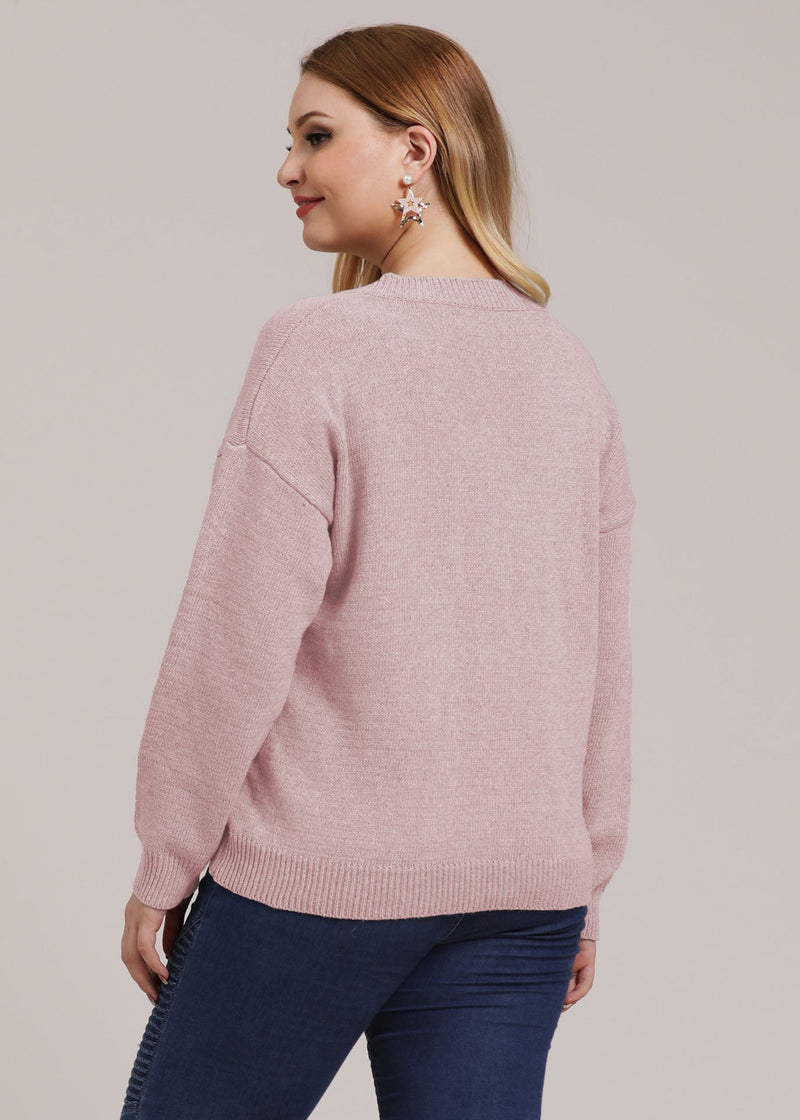 Pink V Neck Thick Knit Sweater Long Sleeve