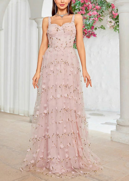 Pink Zippered Backless Tulle Spaghetti Strap Dress Sleeveless