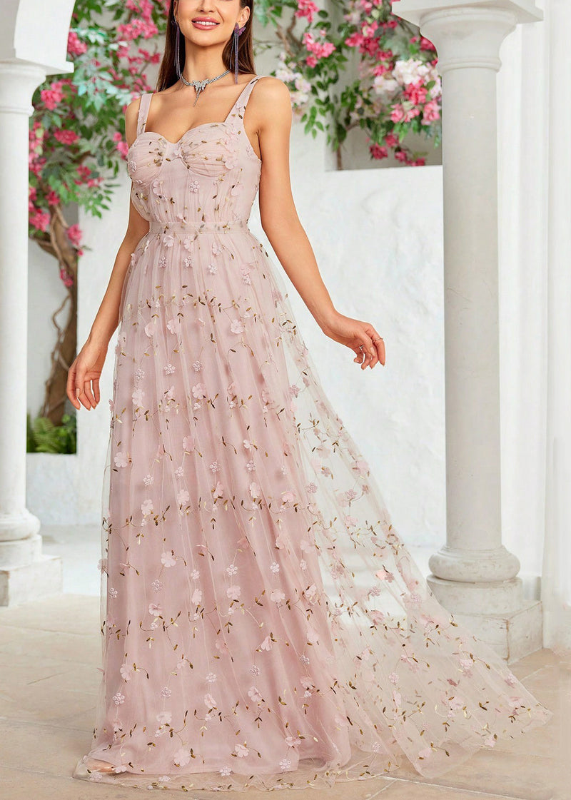 Pink Zippered Backless Tulle Spaghetti Strap Dress Sleeveless