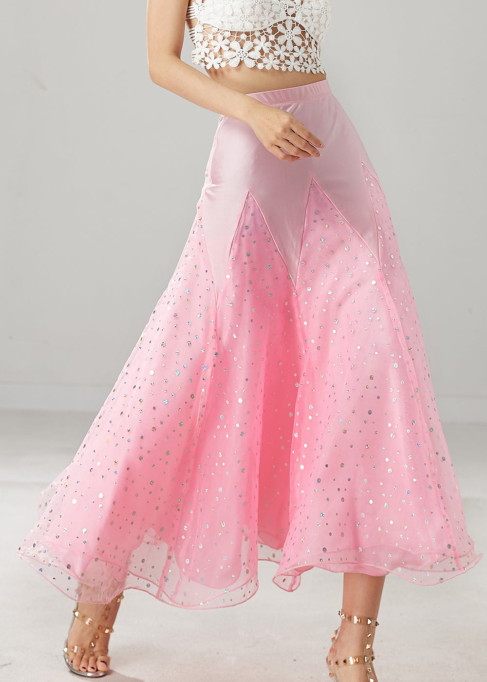 Pink Zircon Patchwork Tulle Dance Skirt Spring