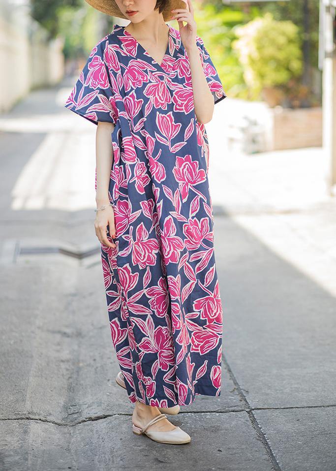Pink Print Summer Cotton Dress Batwing Sleeve Maxi Dress