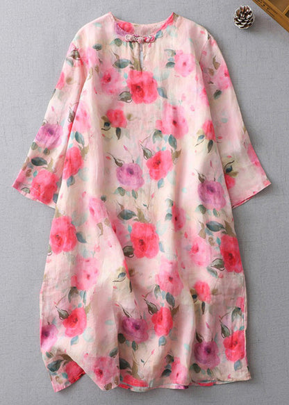 Print O-neck Button Cotton Mid Dress Half Sleeve