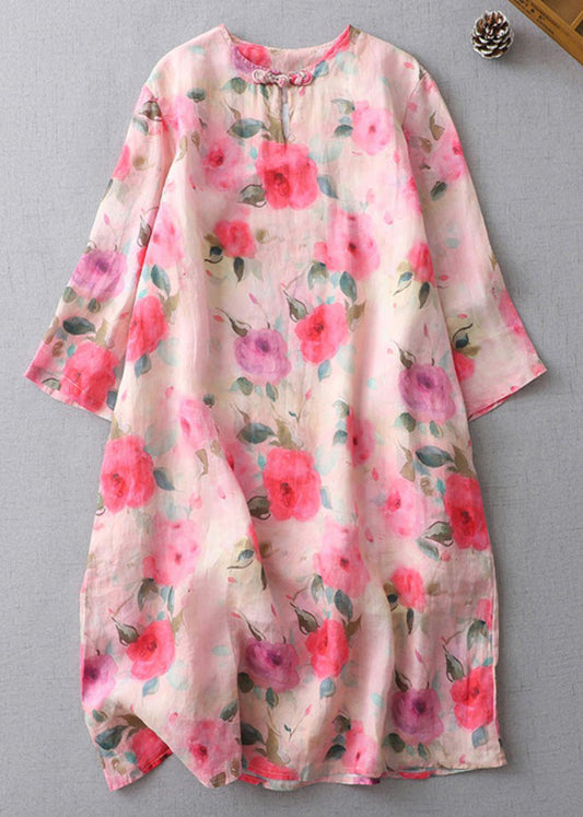 Print O-neck Button Cotton Mid Dress Half Sleeve