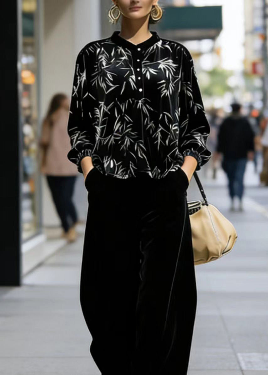 Print Top and Pants Velvet Two Pieces Set Spring