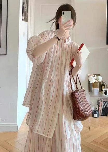 Puff Sleeve Striped Cotton Two Pieces Set