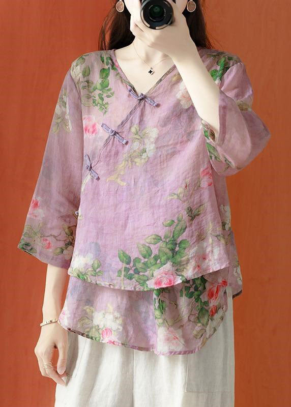 Purple Asymmetrical Print Linen Blouses Half Sleeve