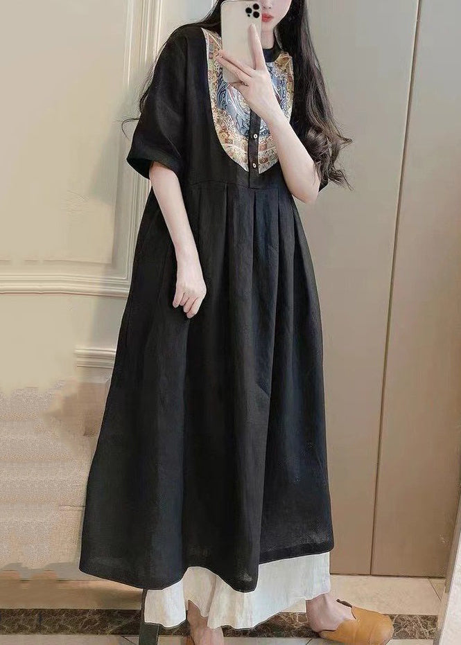 Purple Button Print Pockets Cotton Dresses Summer
