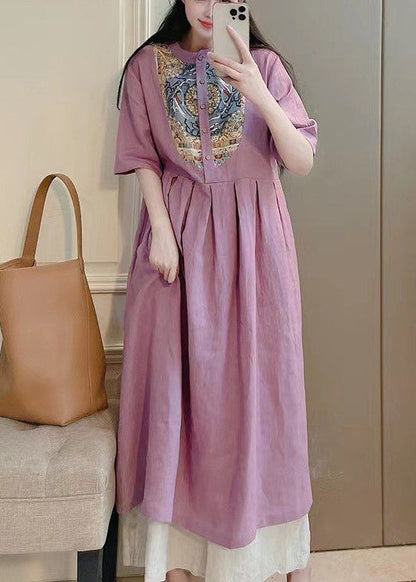 Purple Button Print Pockets Cotton Dresses Summer