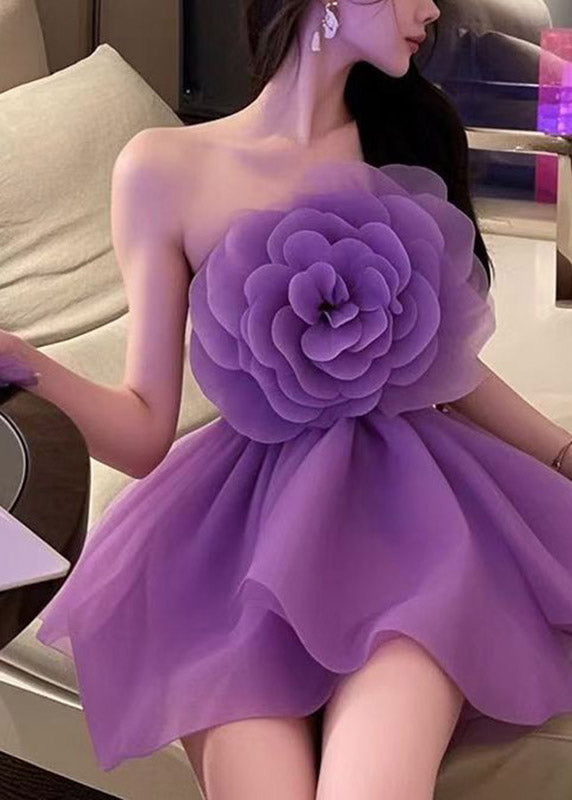Purple Cold Shoulder Tulle Mid Dresses Summer