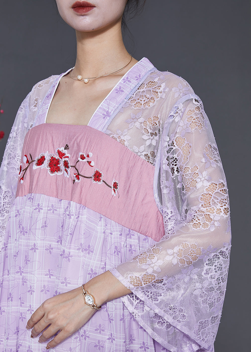 Purple Embroidered Hollow Out Chiffon Long Dress Summer