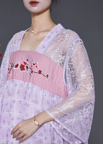 Purple Embroidered Hollow Out Chiffon Long Dress Summer