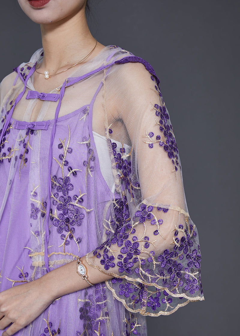 Purple Embroidered Tulle Dress Two Pieces Set Summer