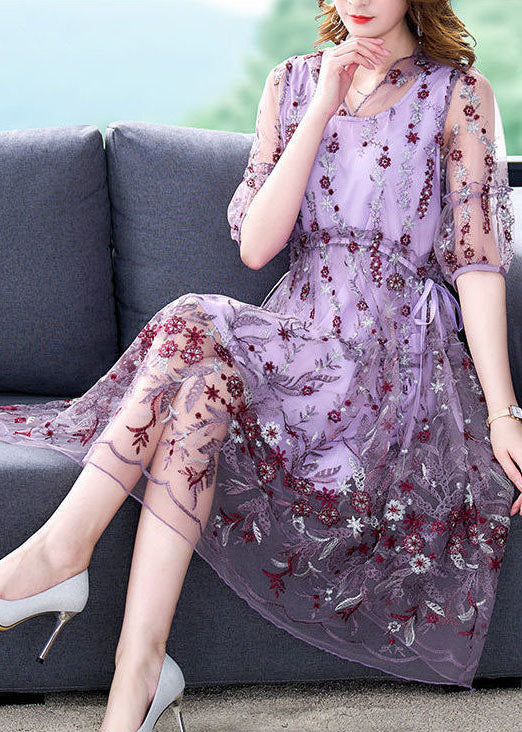 Purple Embroideried Hollow Out Tulle Long Dress Summer